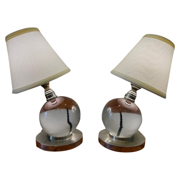  Coppia di lampade a sfera in cristallo, Jacques ADNET (1900-1984) per BACCARAT