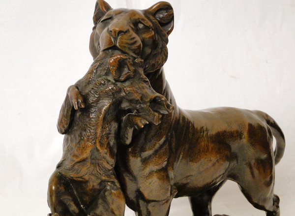 Auguste Cain Scultura in bronzo Leonessa e cuccioli Susse Frères Parigi XIX secolo