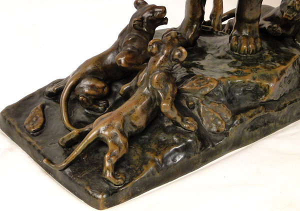 Auguste Cain Scultura in bronzo Leonessa e cuccioli Susse Frères Parigi XIX secolo
