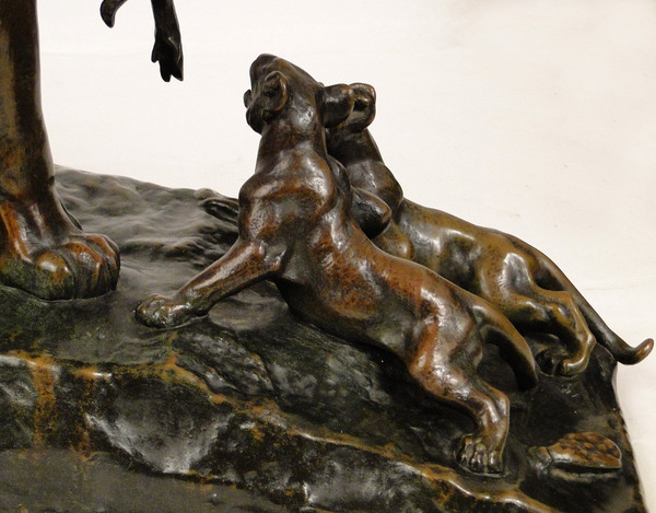Auguste Cain Scultura in bronzo Leonessa e cuccioli Susse Frères Parigi XIX secolo