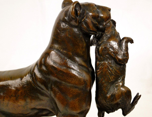 Auguste Cain Scultura in bronzo Leonessa e cuccioli Susse Frères Parigi XIX secolo
