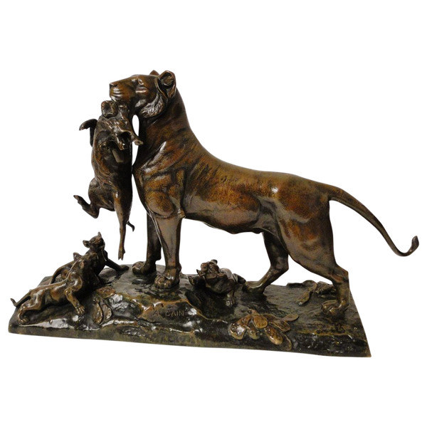 Auguste Cain Scultura in bronzo Leonessa e cuccioli Susse Frères Parigi XIX secolo