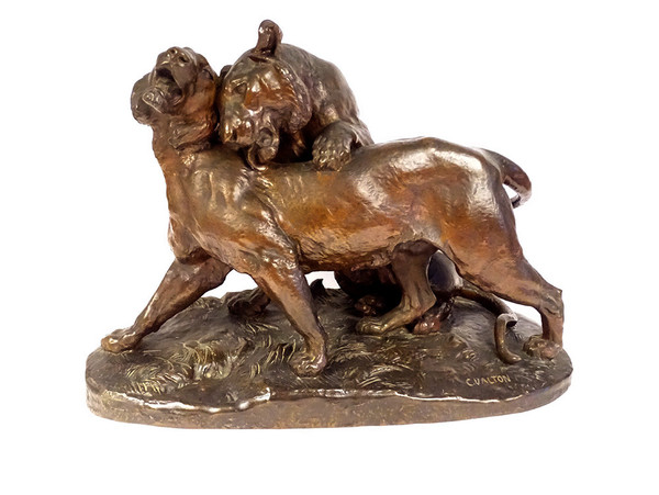 Grande scultura in bronzo di Charles Valton con due leonesse, scultore di animali, XIX secolo