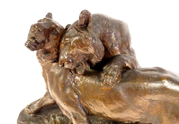 Grande scultura in bronzo di Charles Valton con due leonesse, scultore di animali, XIX secolo