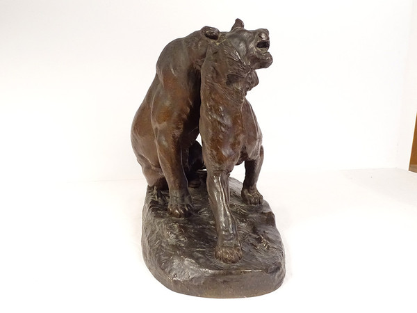 Grande scultura in bronzo di Charles Valton con due leonesse, scultore di animali, XIX secolo