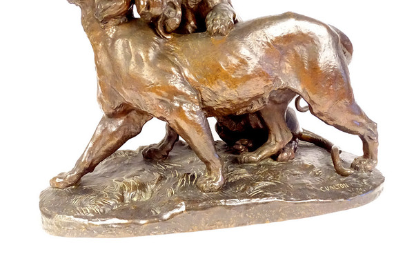 Grande scultura in bronzo di Charles Valton con due leonesse, scultore di animali, XIX secolo