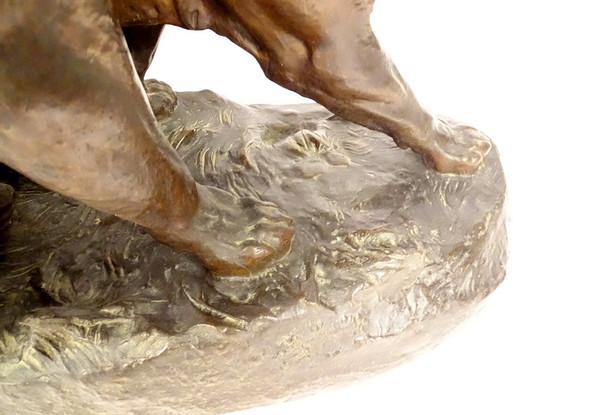 Grande scultura in bronzo di Charles Valton con due leonesse, scultore di animali, XIX secolo