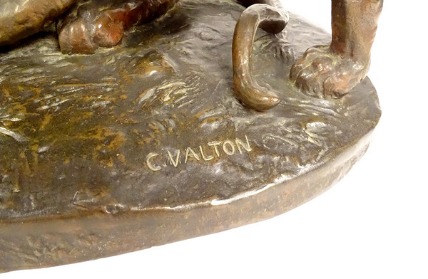 Grande scultura in bronzo di Charles Valton con due leonesse, scultore di animali, XIX secolo