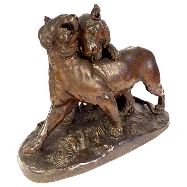 Grande scultura in bronzo di Charles Valton con due leonesse, scultore di animali, XIX secolo