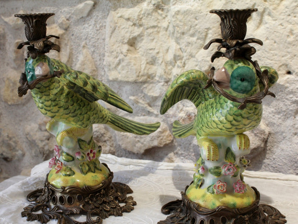 Pair of earthenware parrots forming torches with bronze mounts 20th century