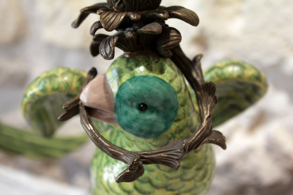 Pair of earthenware parrots forming torches with bronze mounts 20th century