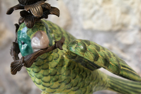 Pair of earthenware parrots forming torches with bronze mounts 20th century