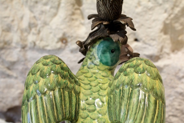 Pair of earthenware parrots forming torches with bronze mounts 20th century