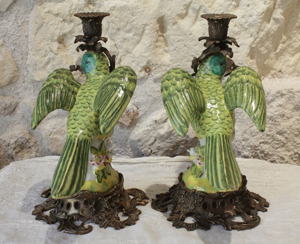 Pair of earthenware parrots forming torches with bronze mounts 20th century