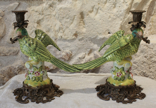 Pair of earthenware parrots forming torches with bronze mounts 20th century