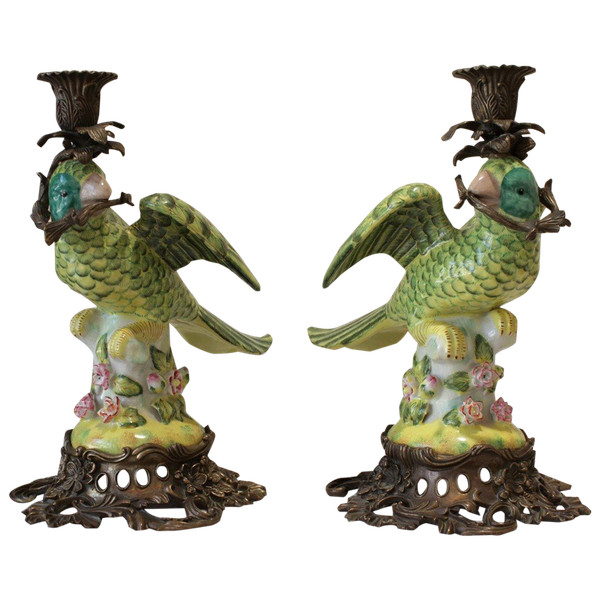 Pair of earthenware parrots forming torches with bronze mounts 20th century