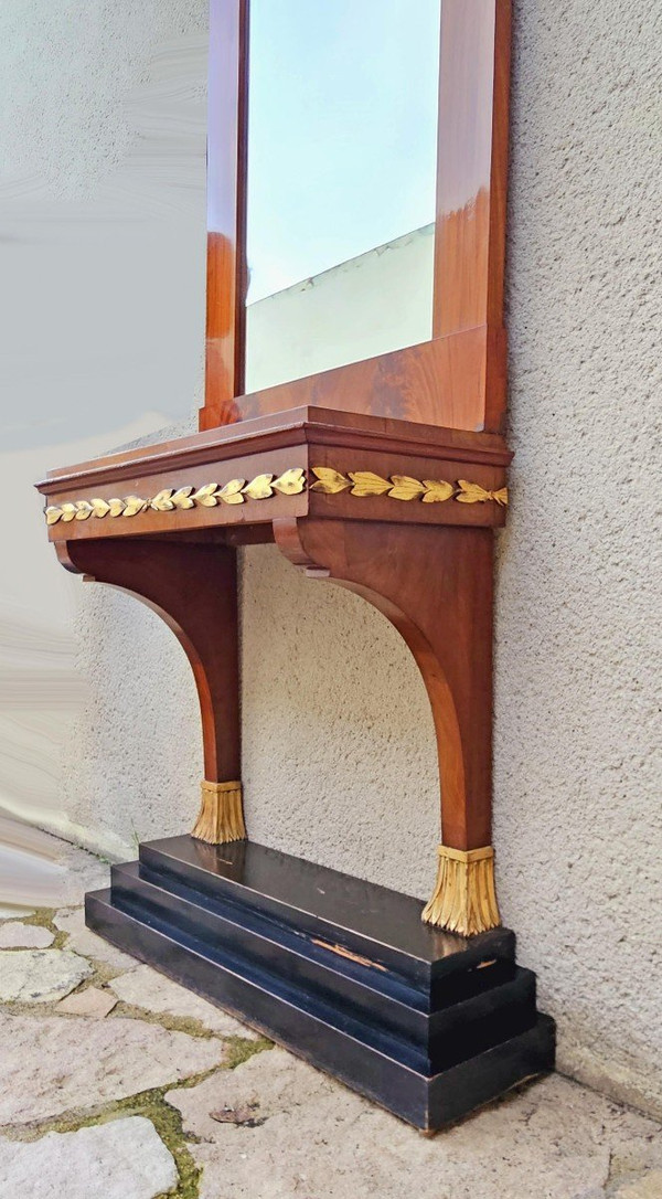 Console e trumeau in mogano e legno dorato stile Impero, circa 1850