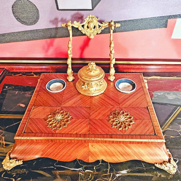 Ecritoire Encrier Napoléon III Bois De Rose Porcelaine Et Bronze Doré