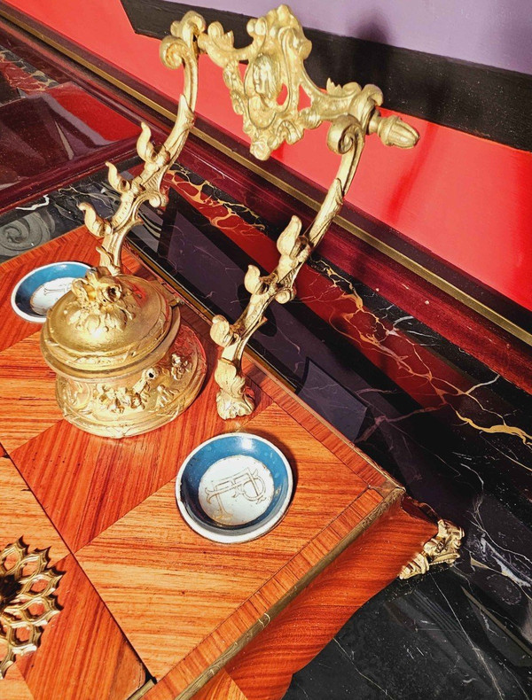 Ecritoire Encrier Napoléon III Bois De Rose Porcelaine Et Bronze Doré