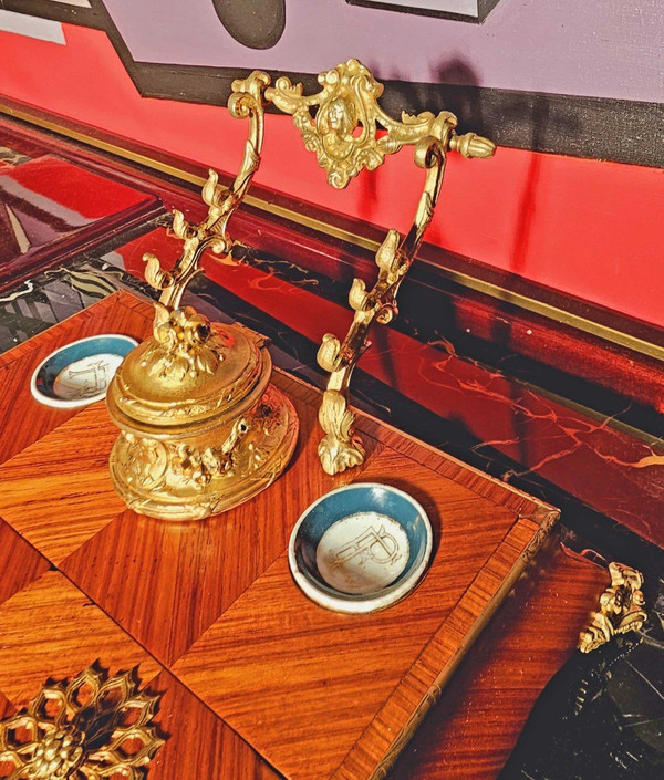 Ecritoire Encrier Napoléon III Bois De Rose Porcelaine Et Bronze Doré