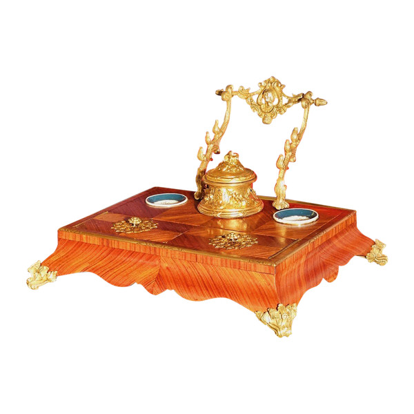 Ecritoire Encrier Napoléon III Bois De Rose Porcelaine Et Bronze Doré