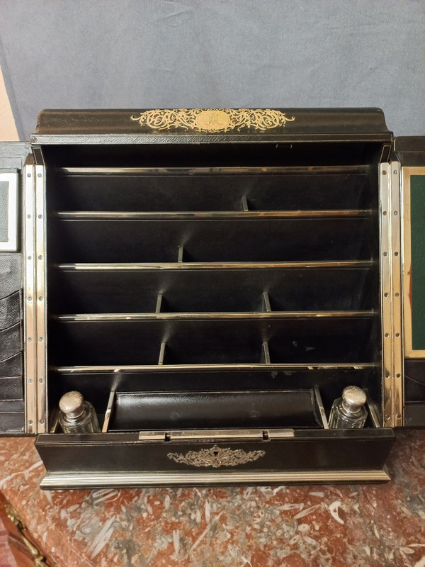 Büroschrank aus Leder und Silberbronze, signiert Sormani