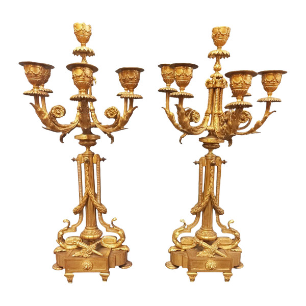 Paire De Candélabres En Bronze Doré Et Ciselé XIXe Siècle St Louis XVI