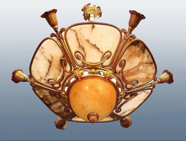 Gilded Bronze And Alabaster Art Deco Chandelier, Nine Lights