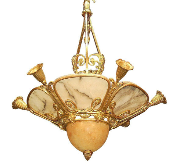 Gilded Bronze And Alabaster Art Deco Chandelier, Nine Lights