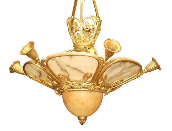 Gilded Bronze And Alabaster Art Deco Chandelier, Nine Lights