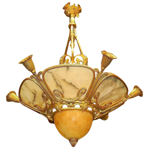 Gilded Bronze And Alabaster Art Deco Chandelier, Nine Lights