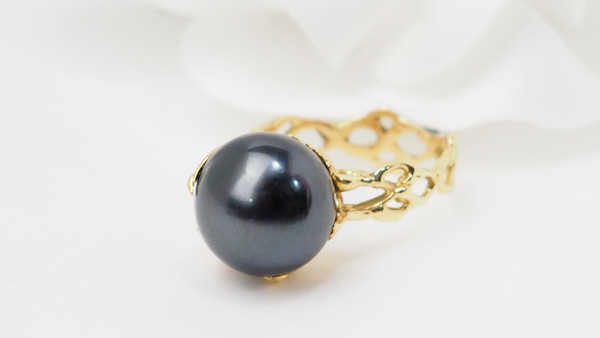 Bague Ajourée En Or Jaune Et Perle Tahiti