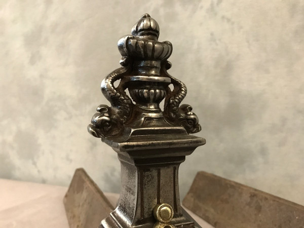 Beaux chenets anciens en fonte et bronze d'époque 19 ème 