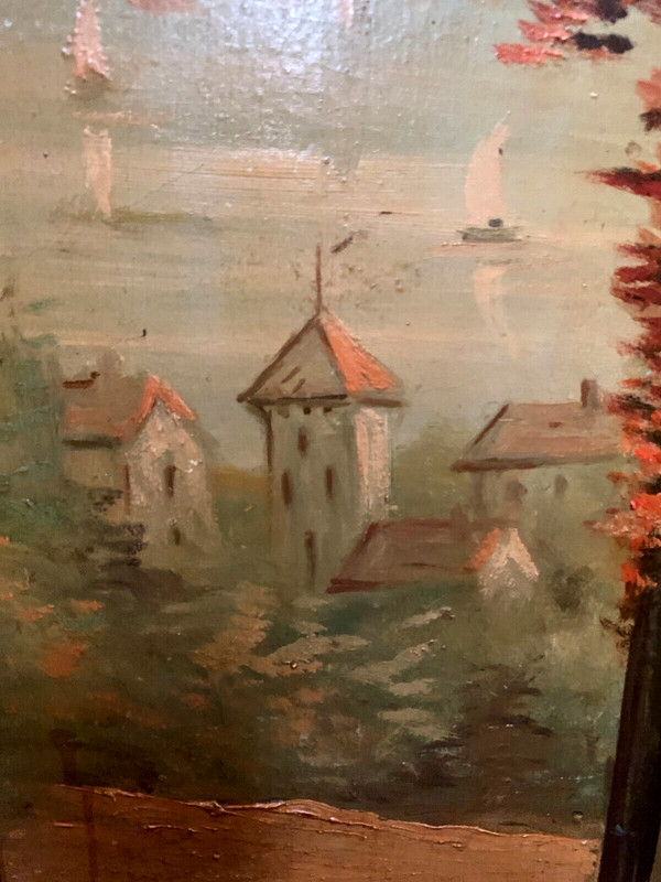 Oil on canvas "View of the lake" decorative wall panels 20th century
