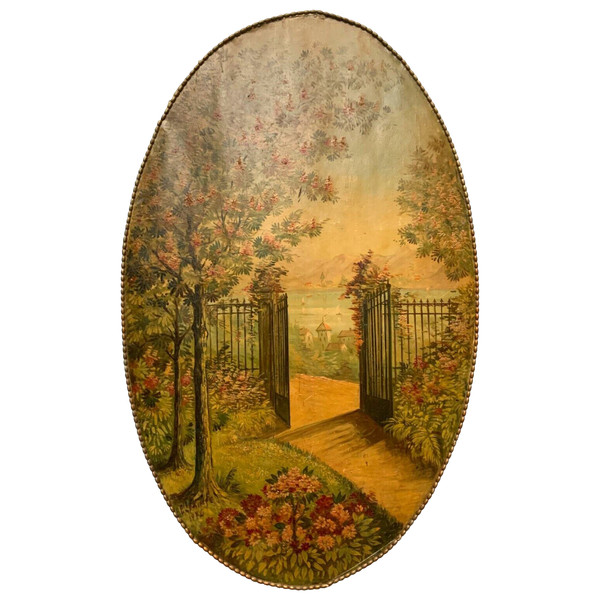 Oil on canvas "View of the lake" decorative wall panels 20th century