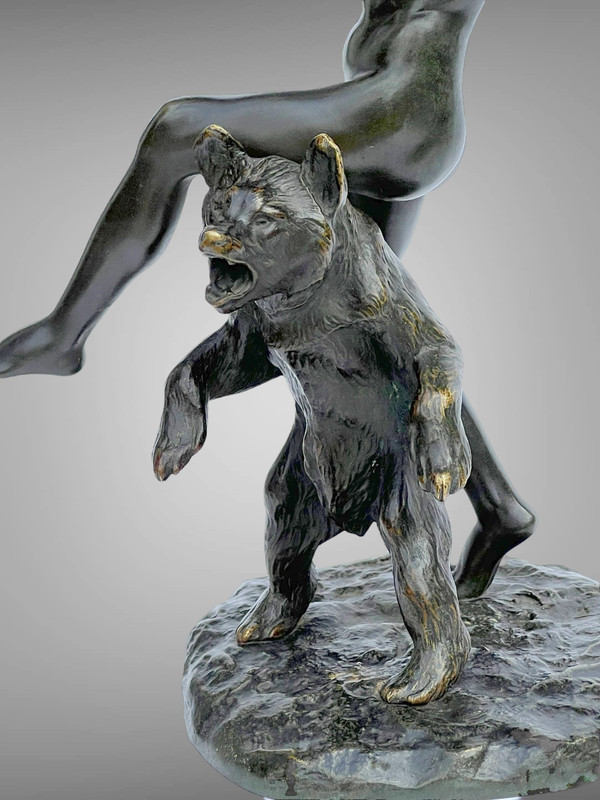 BRONZE ANCIEN SIGNÉ DE CHARLES PAILLET (1871-1937) " LA BACCANTE ET SON OURS "