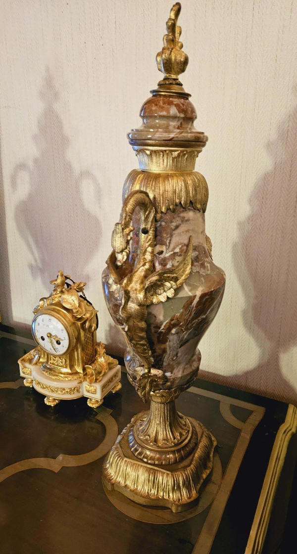 Pair of Large Marble And Gilt Bronze Vases With Dragons 62 cm