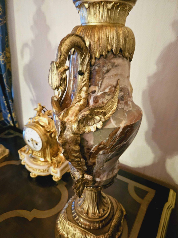 Pair of Large Marble And Gilt Bronze Vases With Dragons 62 cm