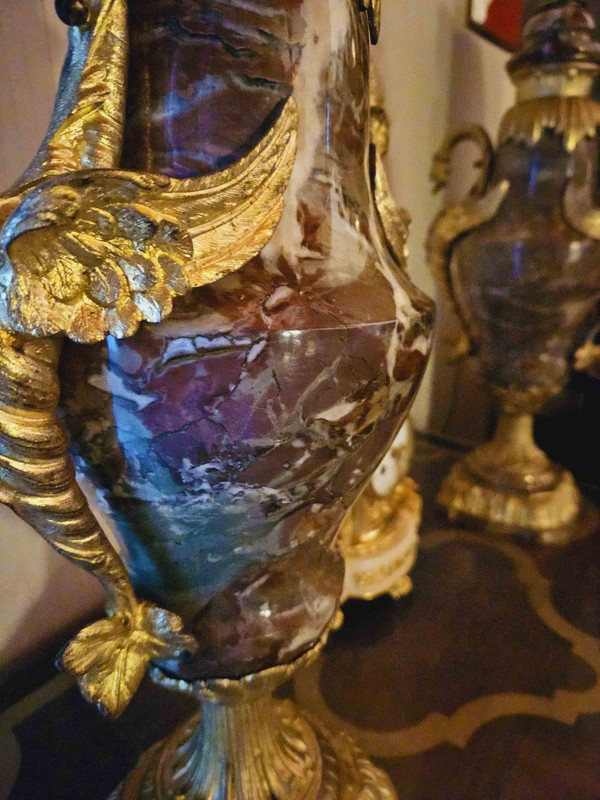 Pair of Large Marble And Gilt Bronze Vases With Dragons 62 cm