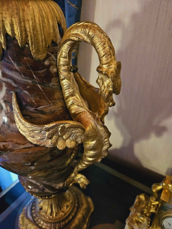 Pair of Large Marble And Gilt Bronze Vases With Dragons 62 cm