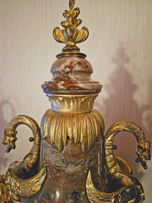 Pair of Large Marble And Gilt Bronze Vases With Dragons 62 cm