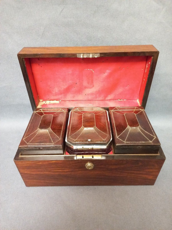 J Bramah Tea Box 1748-1814, In Coral Wood, Crystal and Silver