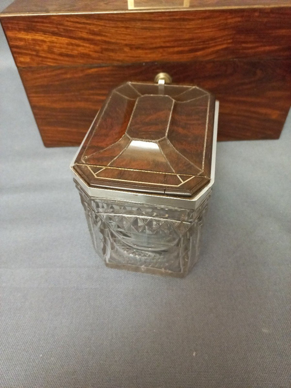 J Bramah Tea Box 1748-1814, In Coral Wood, Crystal and Silver