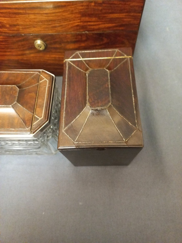J Bramah Tea Box 1748-1814, In Coral Wood, Crystal and Silver