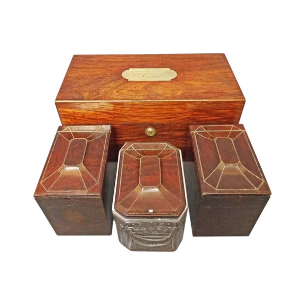 J Bramah Tea Box 1748-1814, In Coral Wood, Crystal and Silver
