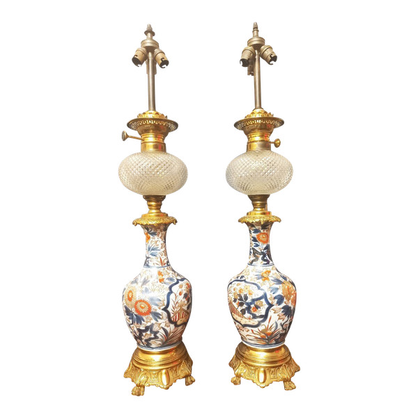 Importante Paire De Lampes En Porcelaine Et Bronze Doré Fin XIXe H80cm