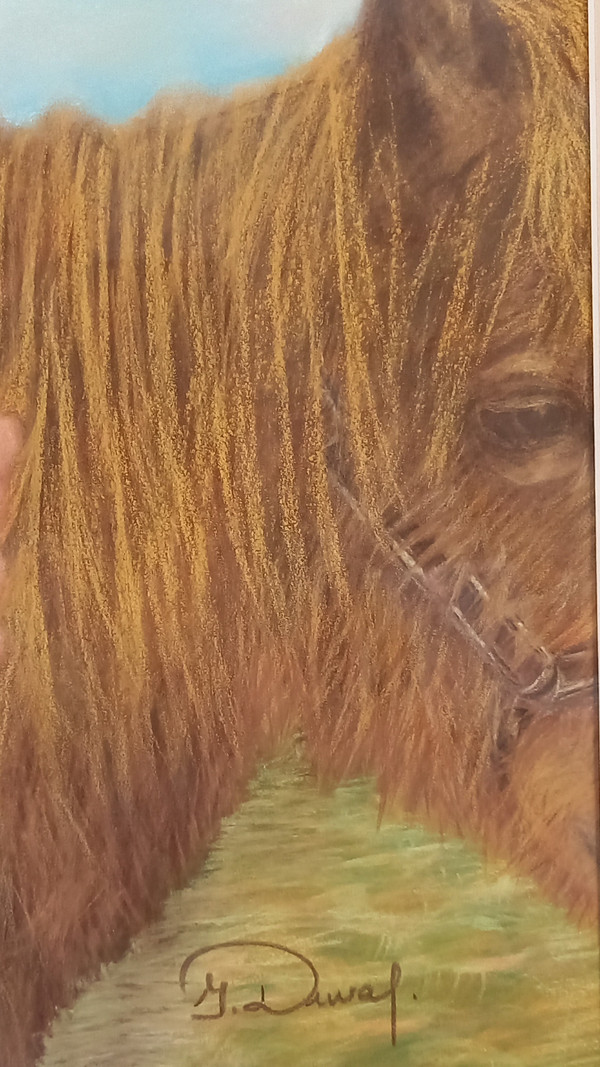 Ritratto a pastello secco/bambina su pony/Duval