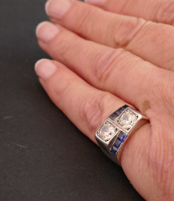 Anello Con Sigillo René Boivin In Argento, Pietre Blu E Pietre Bianche.