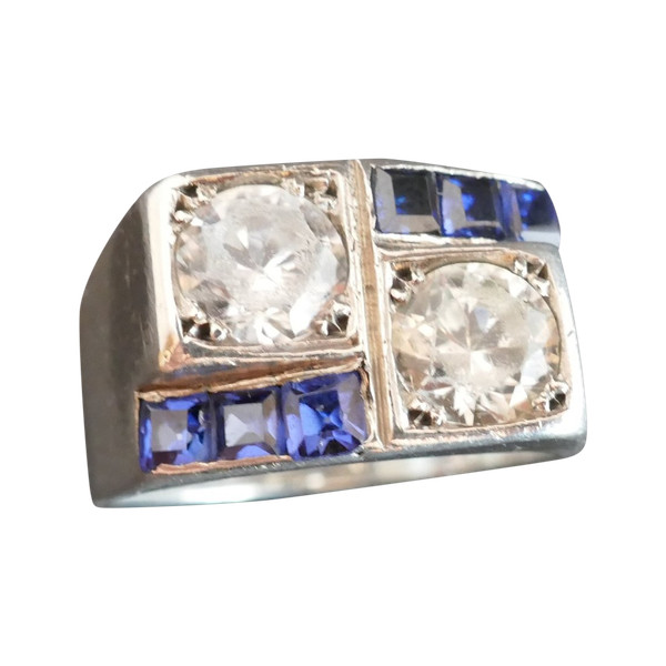 Anello Con Sigillo René Boivin In Argento, Pietre Blu E Pietre Bianche.