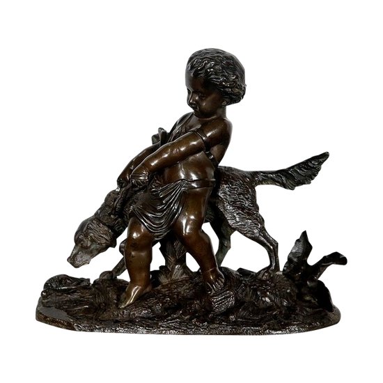 Bronze "The child and the dog" signed Peiffer - Late 19th century